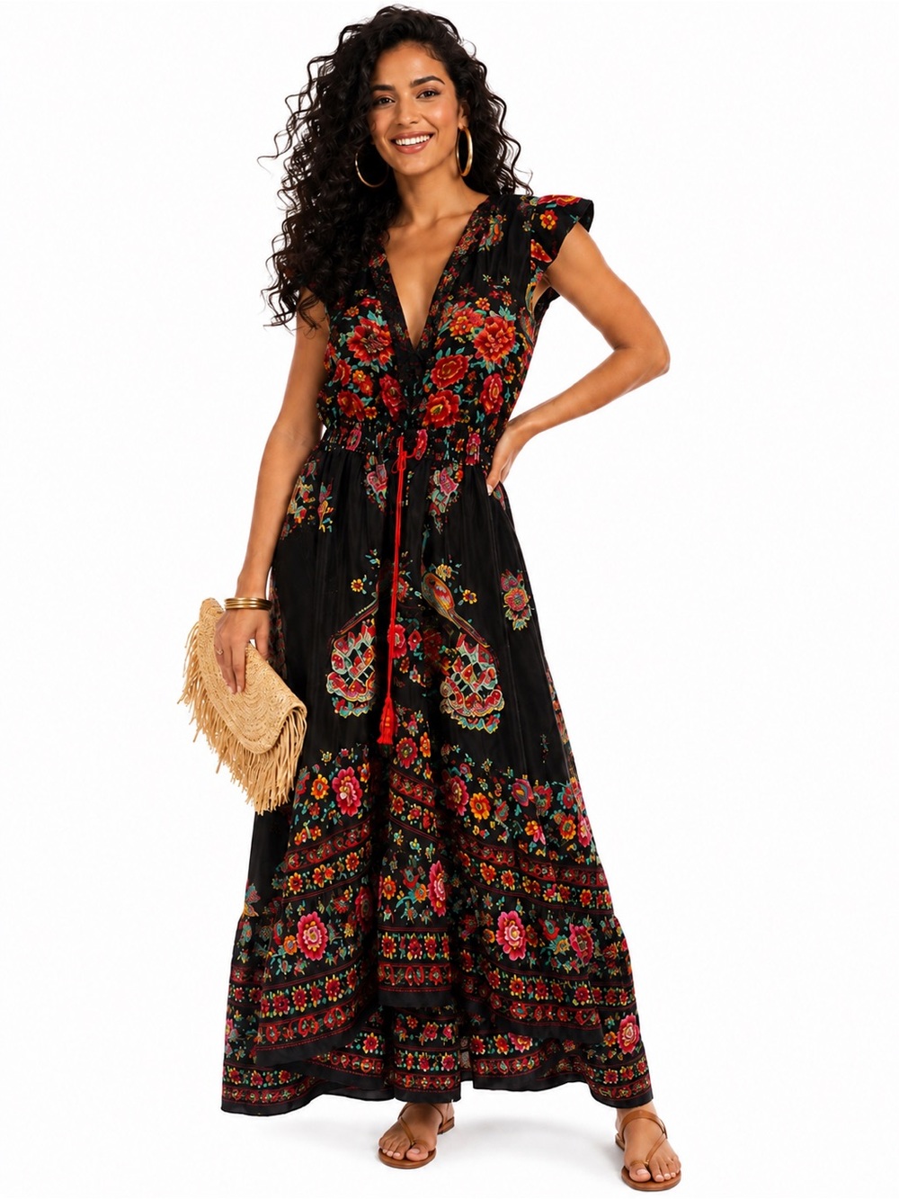 Black Floral Boho Deep V-Neck Maxi Dress Size Small EUC
